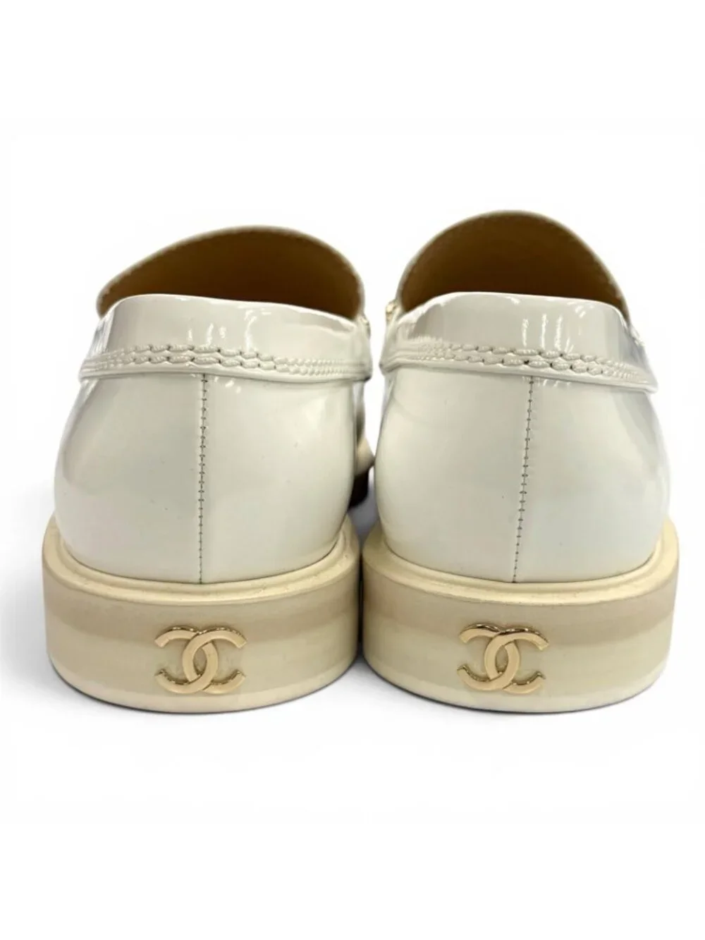 Chanel Logo CC Patent Leather Loafers White Gold